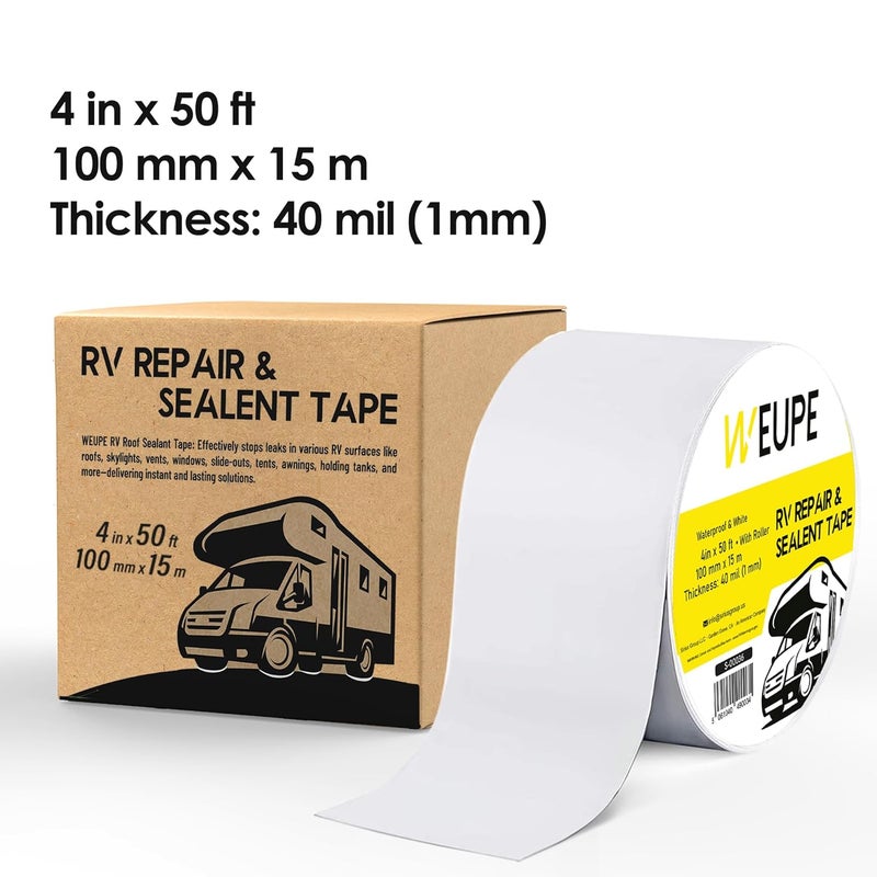 WEUPE RV Sealant Tape, White, 4 Inch x 50 Feet, Roof Patch Repair Tape, Roofing Tape for RV, Waterproof Leak Tape for RV puncture, Boat Sealing, Awning, Canopy, Tents, Camper, Greenhouse and Tarpaulin - Image 5